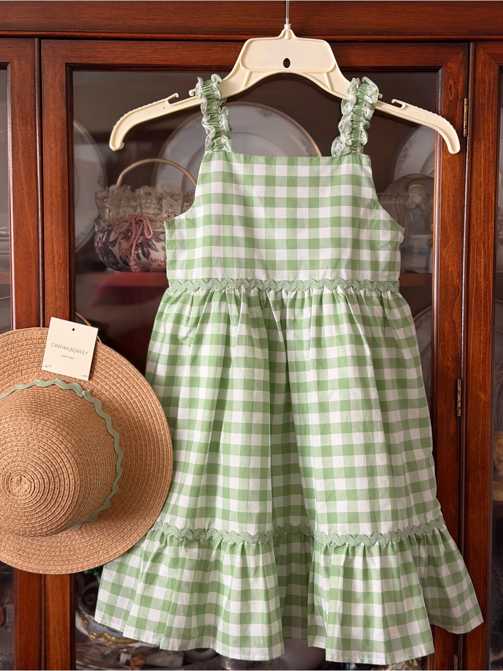 Green and White Gingham girls Dress with matching hat